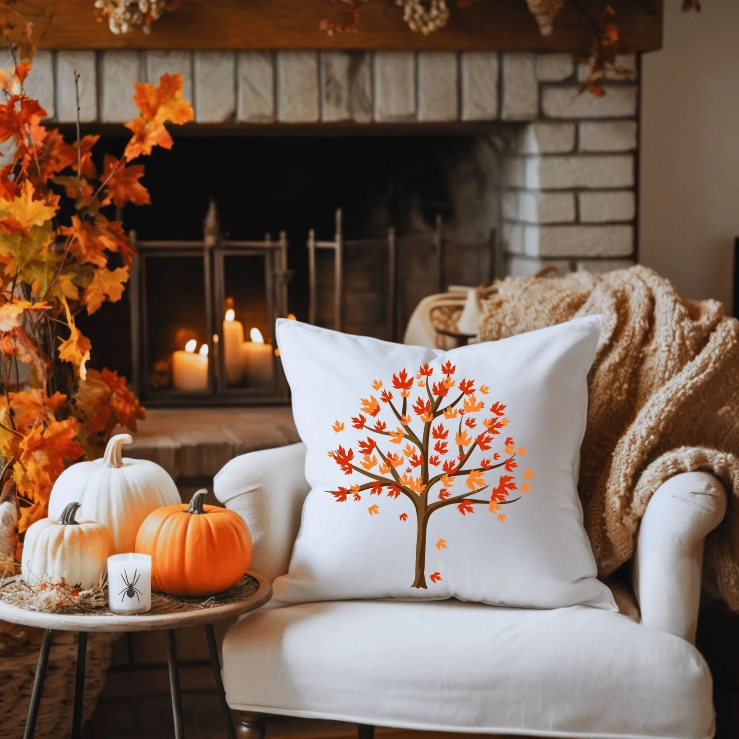 Spun Polyester Square Fall Pillow Autumn tree falling leaves print casual minimalist chair couch bed cushion sham The Aurora Touch