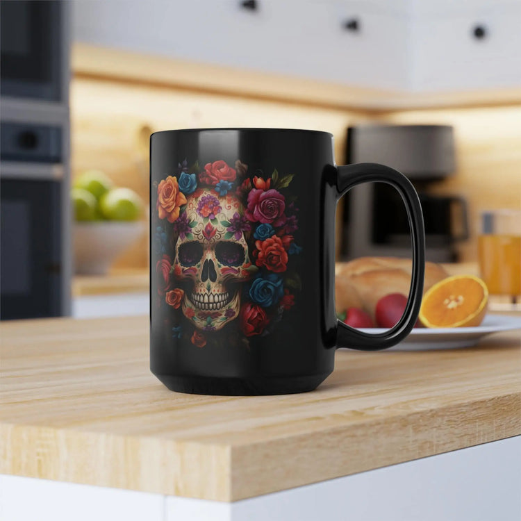 15 oz Black Day of the Dead Mug | Festive Traditional Art Print | Holiday Coffee Cup for Celebrations | Unique Beverage Drinkware The Aurora Touch