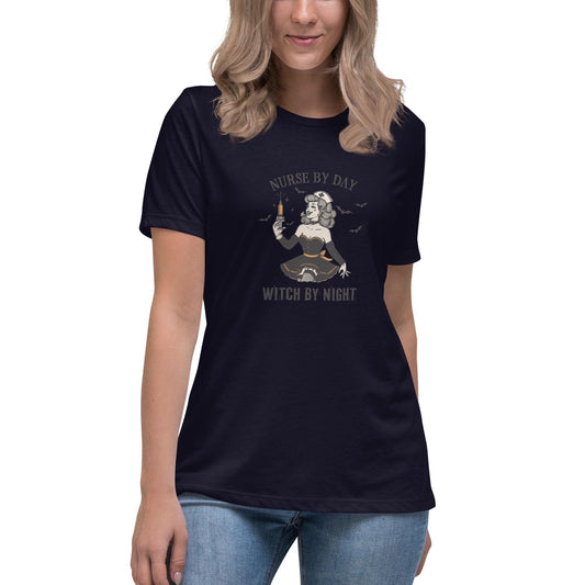Women's Relaxed T-Shirt, Humorous Nurse Halloween Fall casual novelty funny print design work everyday shirt