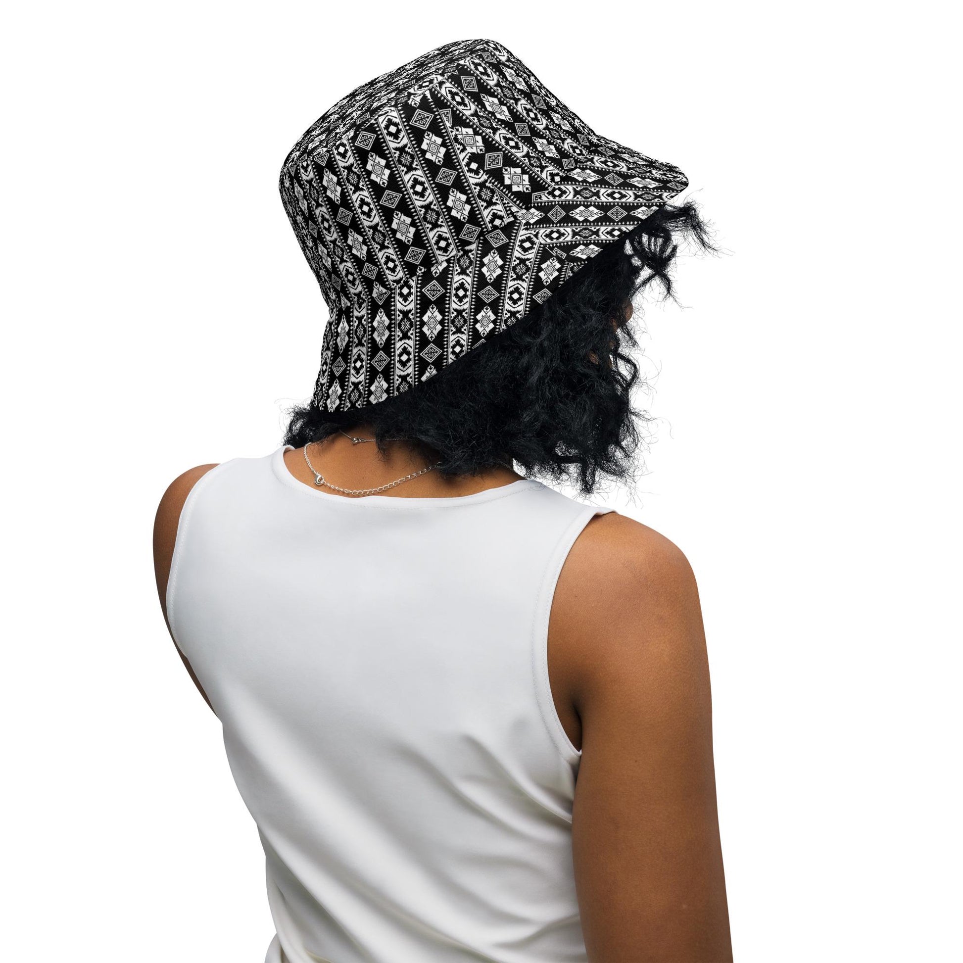 Reversible bucket hat styllish western black white pattern design versatile fashinista streetwear apparel casual everyday unisex fabric hat