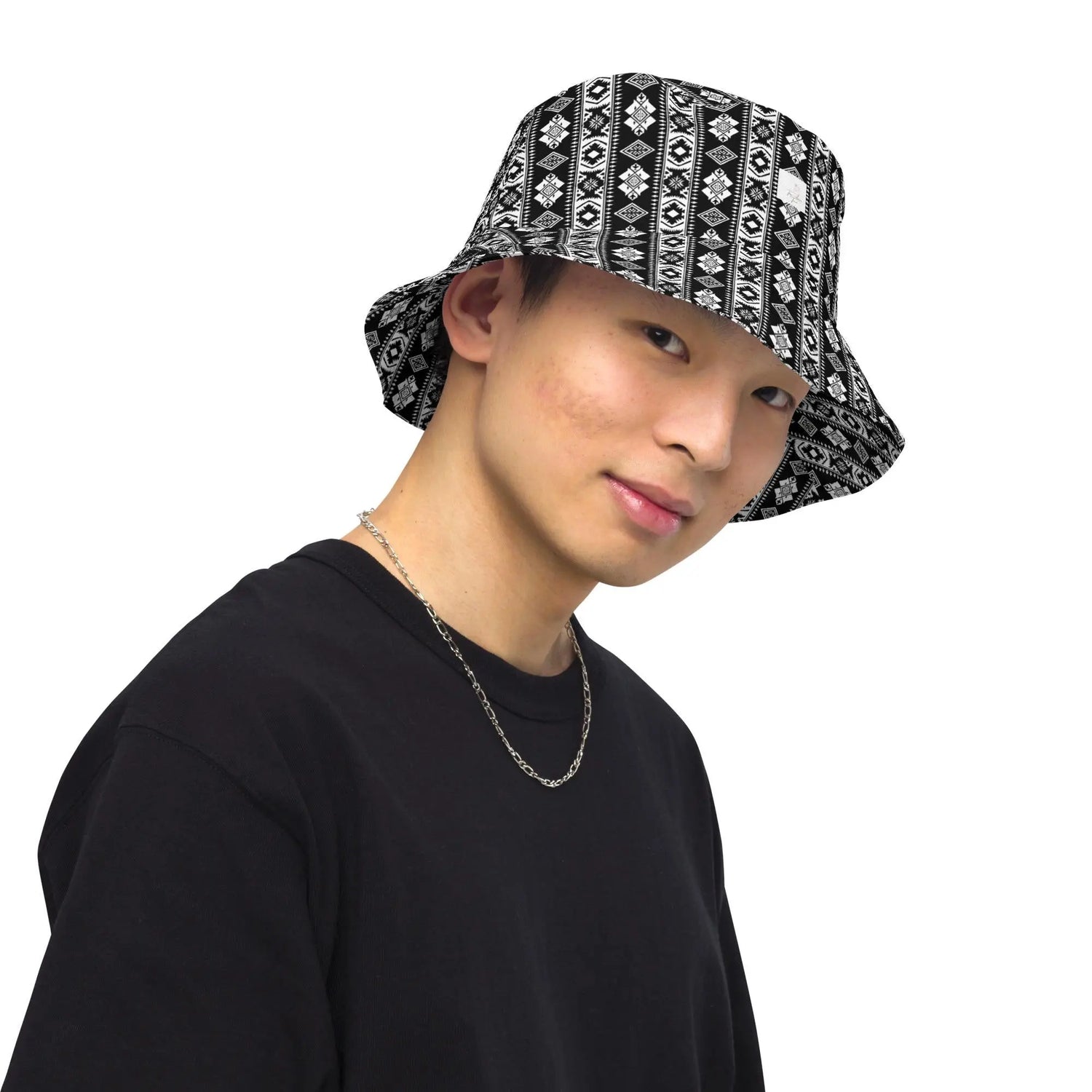 Reversible bucket hat styllish western black white pattern design versatile fashinista streetwear apparel casual everyday unisex fabric hat