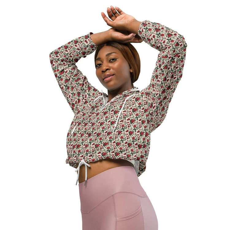 Women’s cropped windbreaker red roses all over print sylish everyday versatile teen adult fashionista clothing all occasion sporty wear