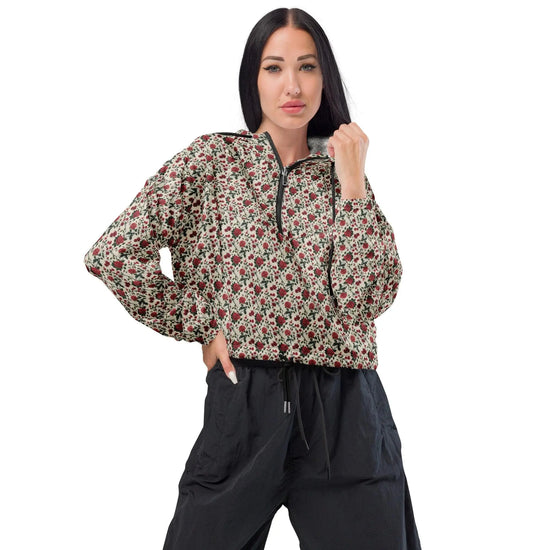 Women’s cropped windbreaker red roses all over print sylish everyday versatile teen adult fashionista clothing all occasion sporty wear The Aurora Touch