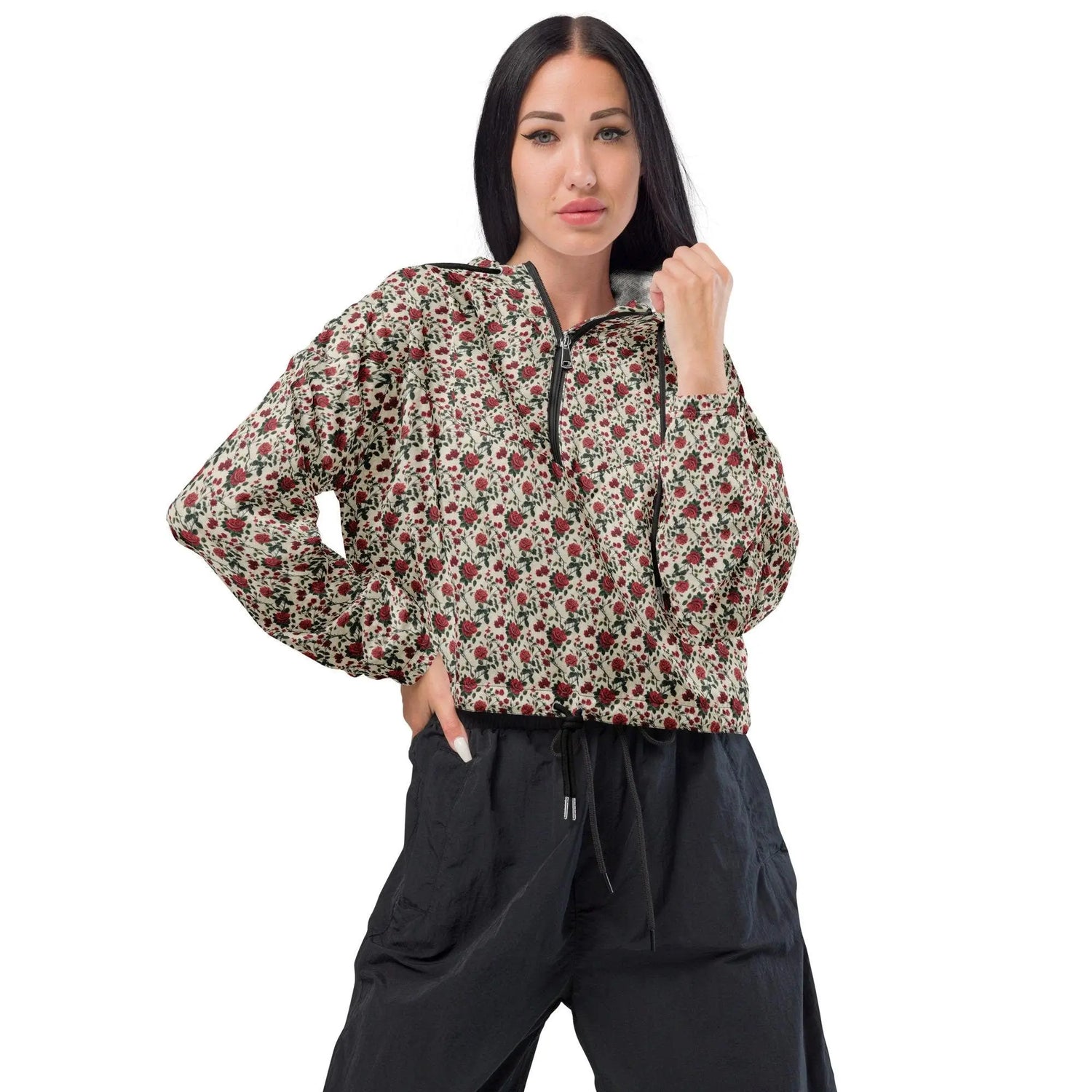 Women’s cropped windbreaker red roses all over print sylish everyday versatile teen adult fashionista clothing all occasion sporty wear