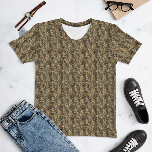 Women&#39;s gold rose pattern T-shirt all over design smooth soft casual everyday dinner lunch jean skirt shorts travel washable Tee