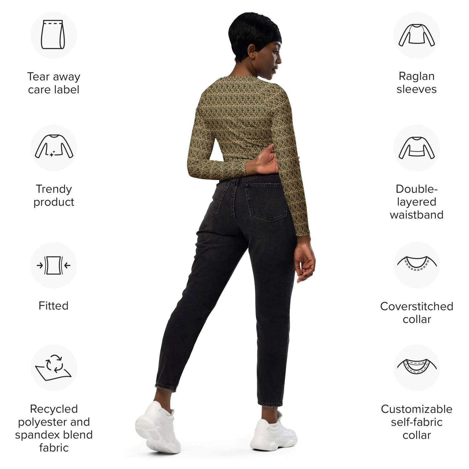 Recycled long-sleeve pattern style crop top all over print design comfortable leisure workout sporty smooth jean leggings half top The Aurora Touch