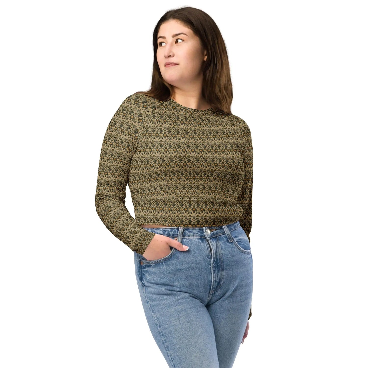 Recycled long-sleeve pattern style crop top all over print design comfortable leisure workout sporty smooth jean leggings half top