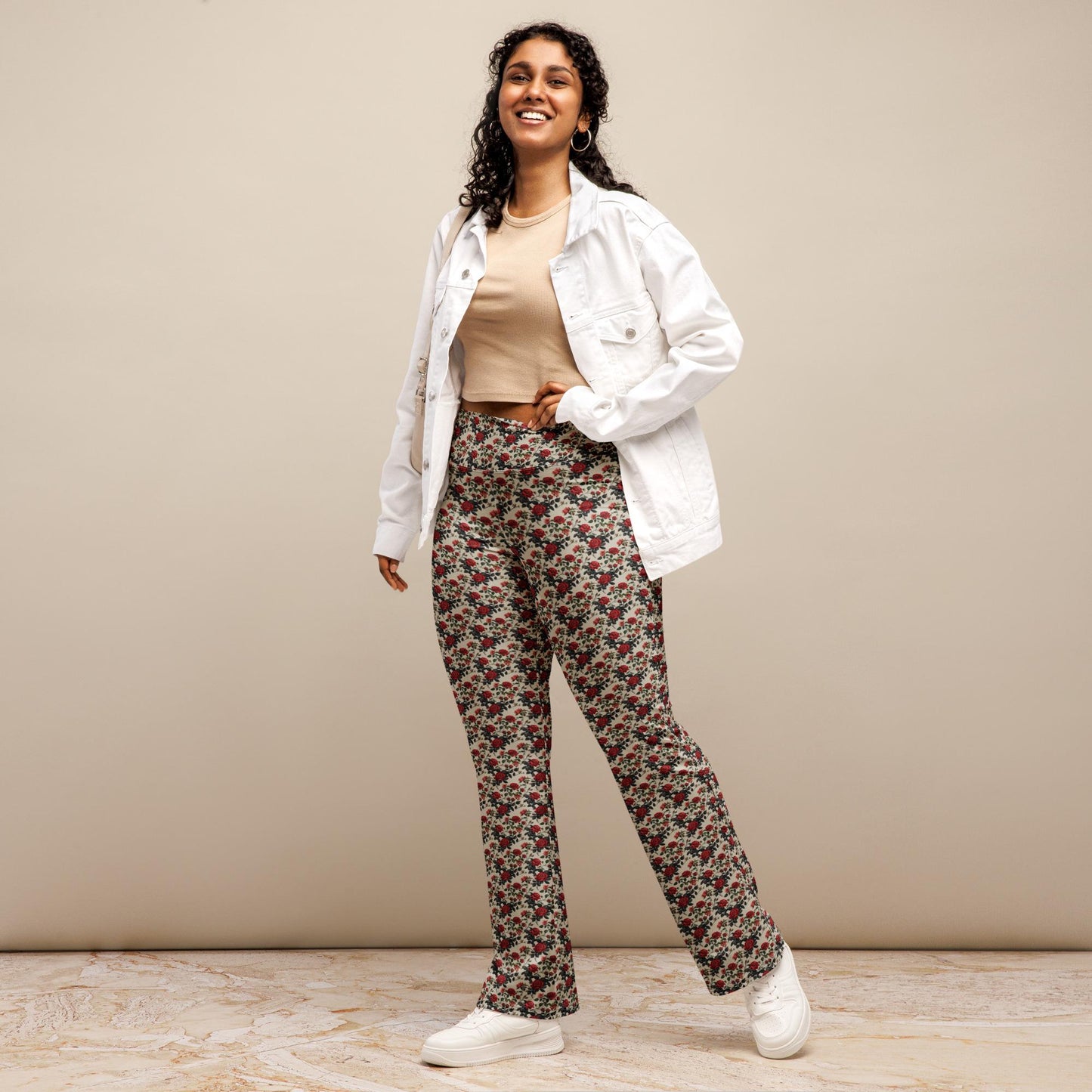 Flared red roses stylish leggings casual high waist butt enhancing flared bottoms versatile walking workout crop pairing strecth pants