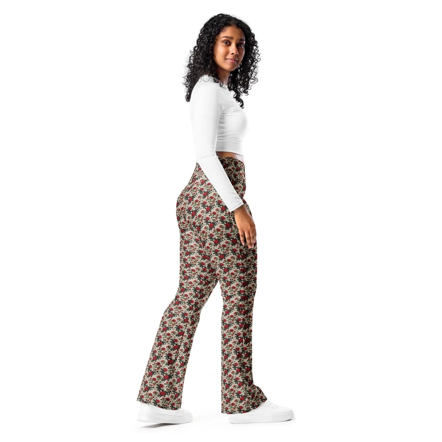 Flared red roses stylish leggings casual high waist butt enhancing flared bottoms versatile walking workout crop pairing strecth pants