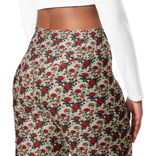 Flared red roses stylish leggings casual high waist butt enhancing flared bottoms versatile walking workout crop pairing strecth pants The Aurora Touch