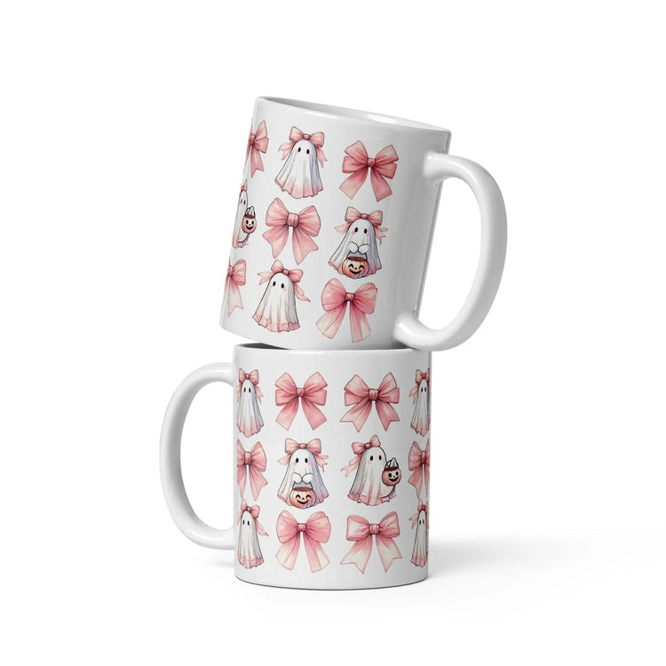 Halloween croquette glossy mug pink all over pattern holiday pretty pink print design kitchen home friendly ghost novelty beverage cup The Aurora Touch