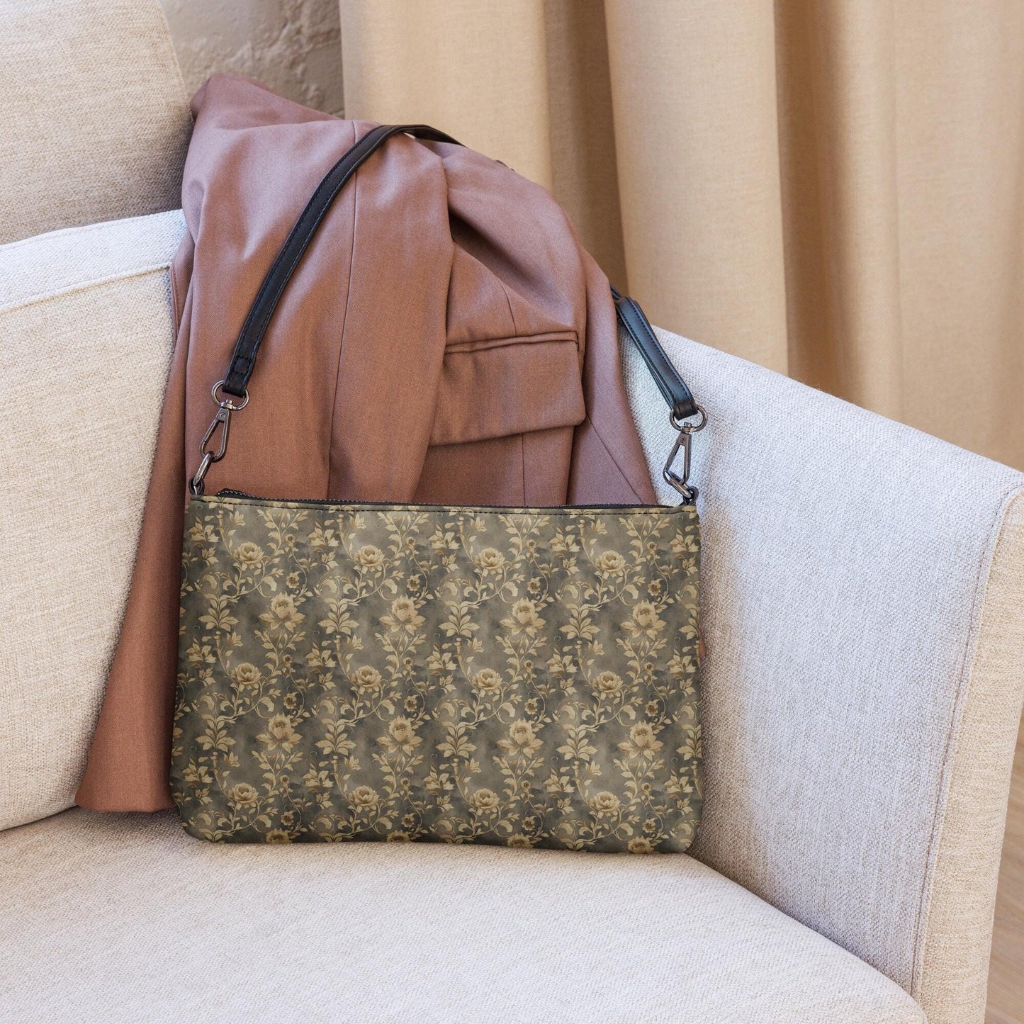 Gold rose pattern Crossbody bag stylish all over print hand carry shoulder strap design casual dressy day evening versatile attire purse