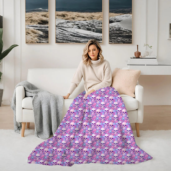 Neon skull design Throw Blanket Halloween Day of the Dead festive soft cozy child adult any room latino heritage month modern day fleece The Aurora Touch