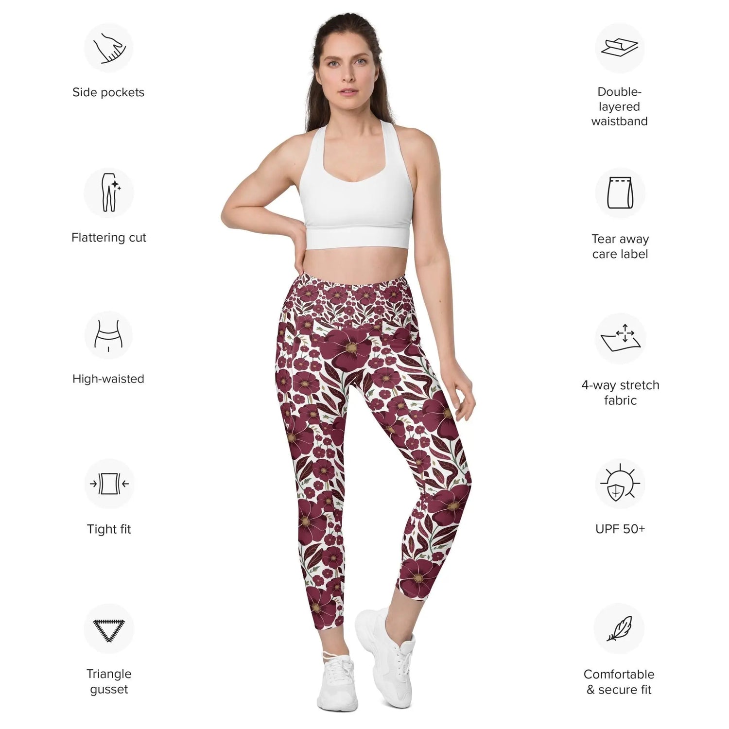 High-Waisted Leggings with Pockets | Recycled Polyester Floral all over Print Pattern Workout Pants | UPF 50+ Compression Yoga Tights The Aurora Touch