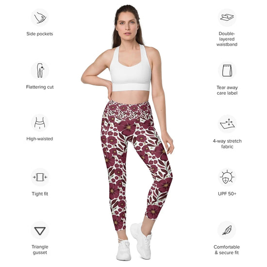 High-Waisted Leggings with Pockets | Recycled Polyester Floral all over Print Pattern Workout Pants | UPF 50+ Compression Yoga Tights The Aurora Touch