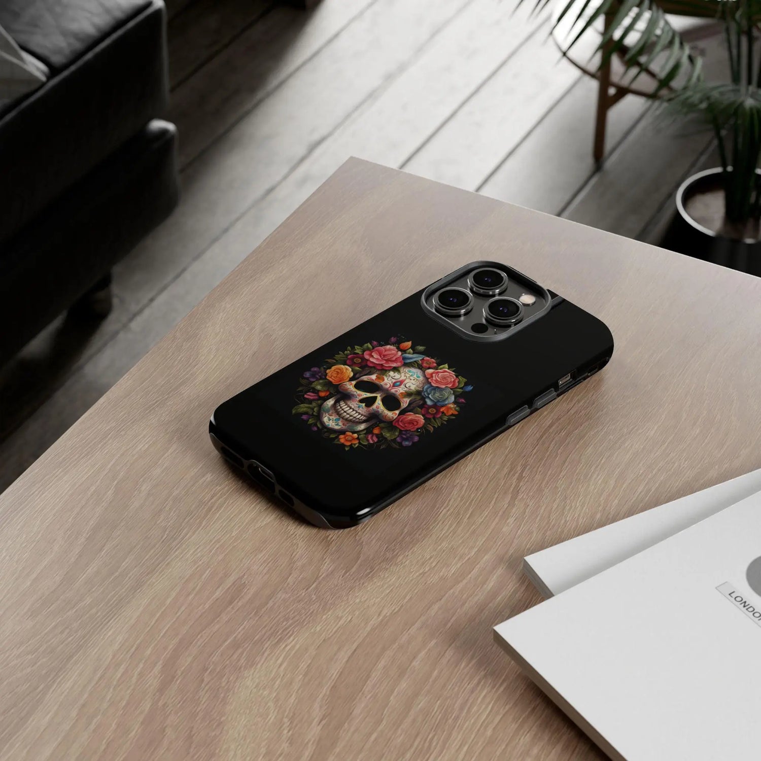 Vibrant Floral Day of the Dead iPhone & Samsung Case | Colorful Dia de los Muertos Design | Classic Black Background