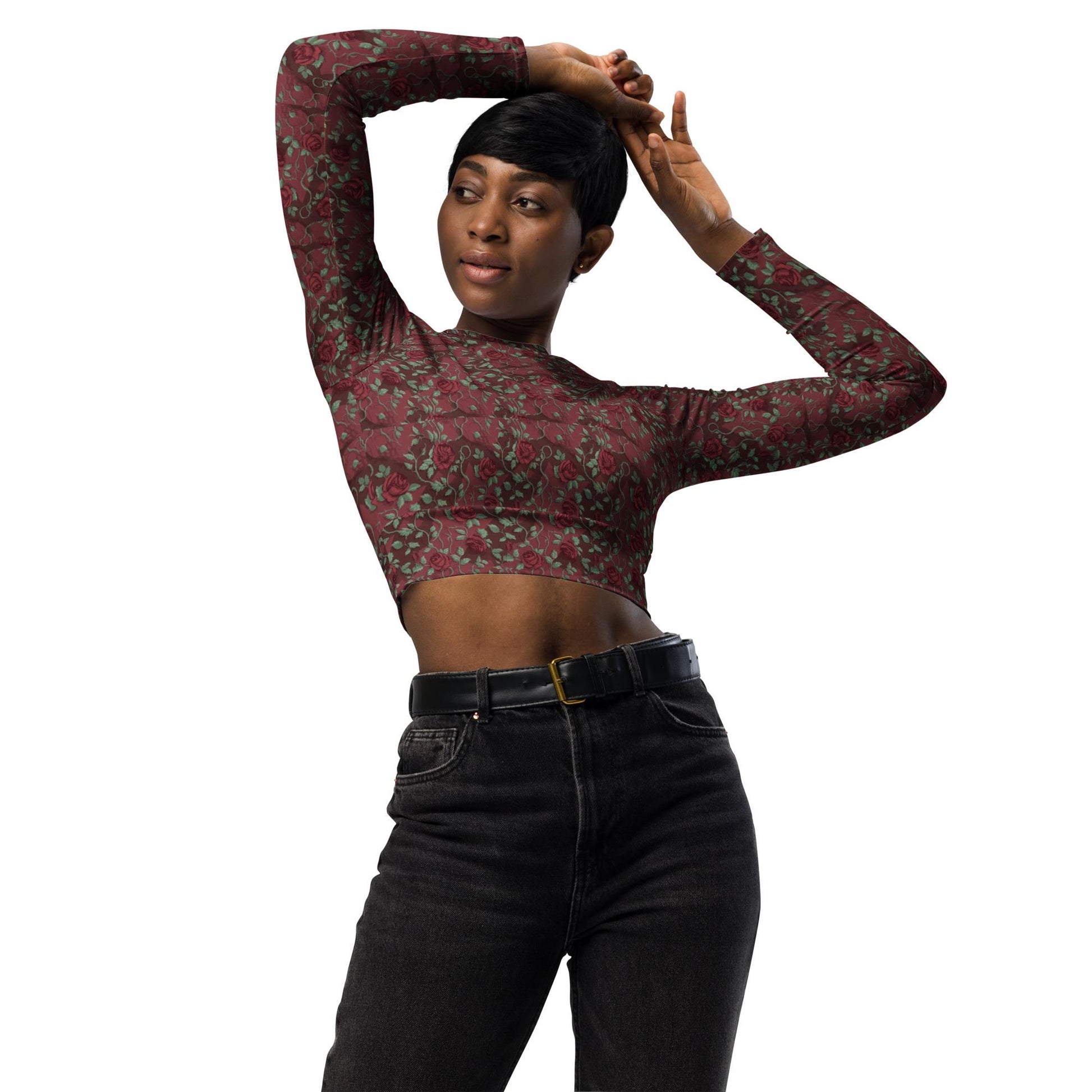 Eco-Friendly Long-Sleeve Crop Top – Recycled Fabric, UPF 50+ Sports, jean casual dinner everyday all over pattern print sexy top