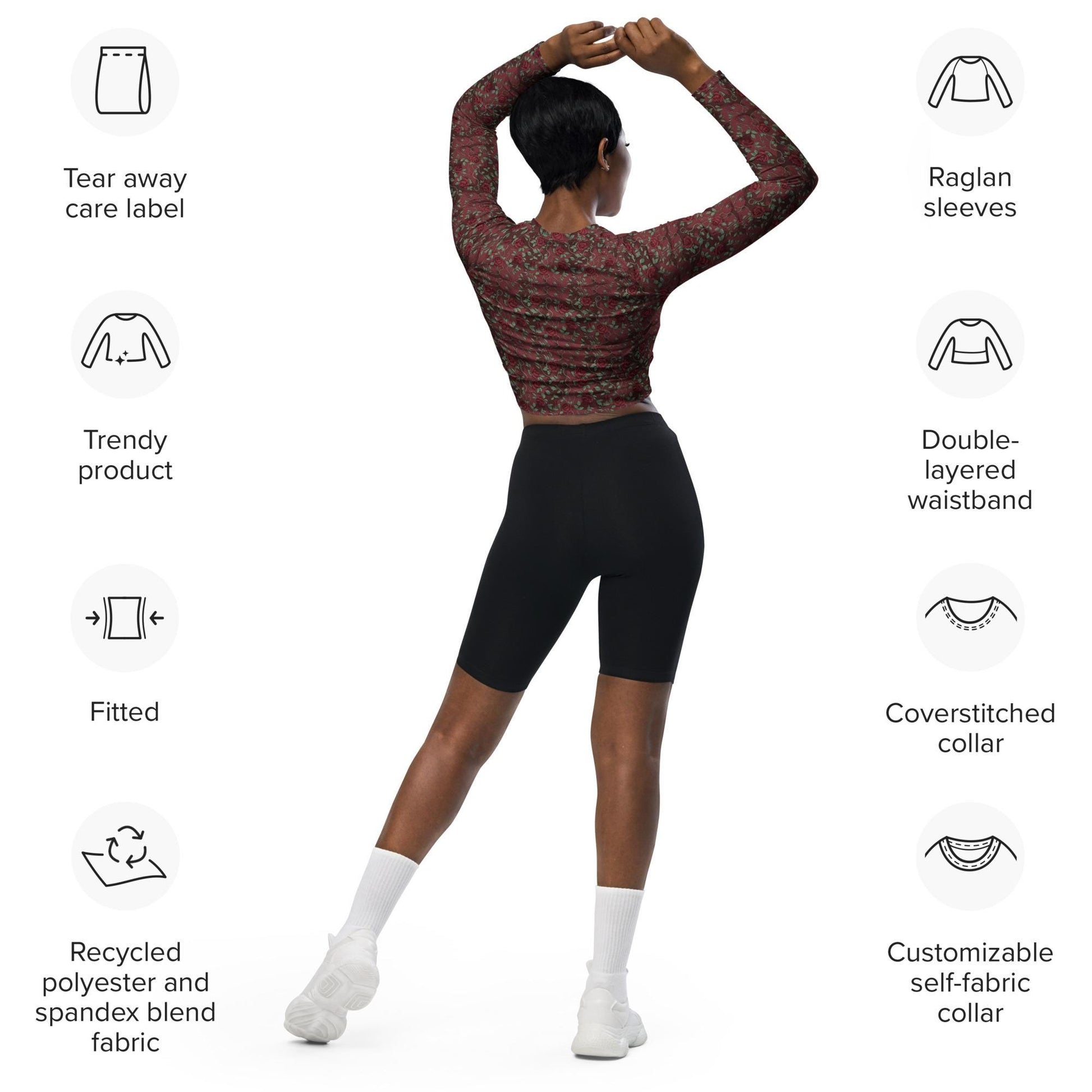Eco-Friendly Long-Sleeve Crop Top – Recycled Fabric, UPF 50+ Sports, jean casual dinner everyday all over pattern print sexy top