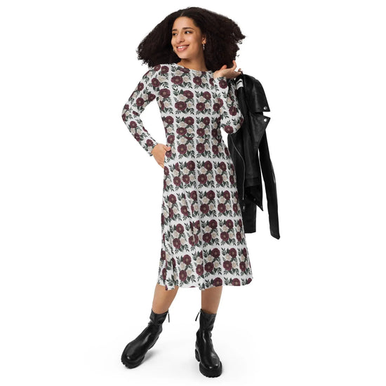 Floral All-Over Print Long Sleeve Midi Dress with Pockets – Feminine Fit & Flared Style The Aurora Touch