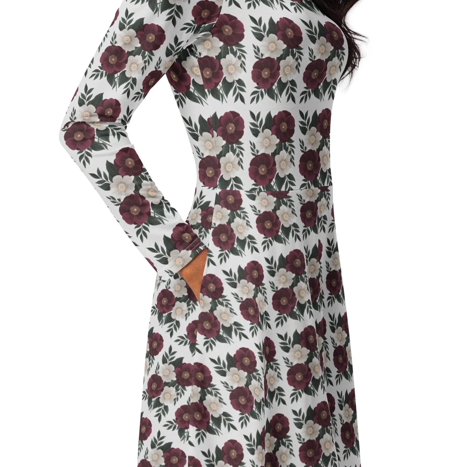 Floral All-Over Print Long Sleeve Midi Dress with Pockets – Feminine Fit & Flared Style The Aurora Touch