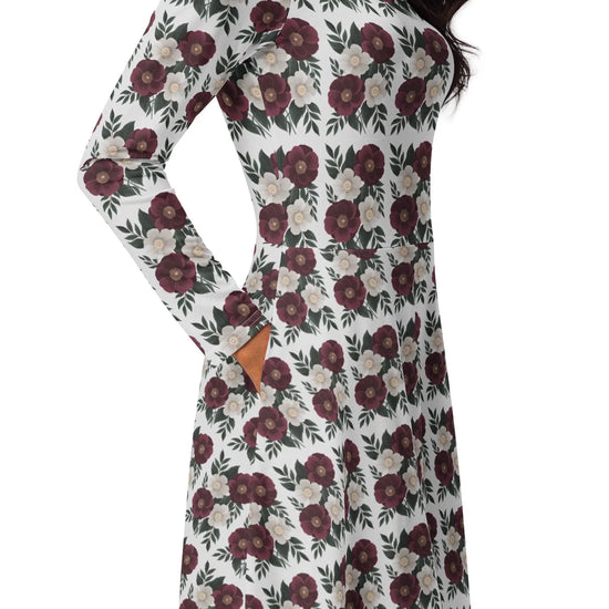 Floral All-Over Print Long Sleeve Midi Dress with Pockets – Feminine Fit & Flared Style The Aurora Touch