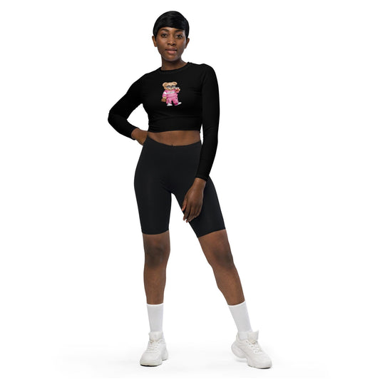 Recycled long-sleeve crop top, sarcastic adorable teddy bear doll comfy gym school fun casual stylish fashionable mid-drif cute shirt