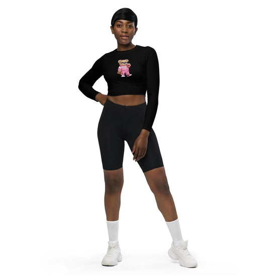 Recycled long-sleeve crop top, sarcastic adorable teddy bear doll comfy gym school fun casual stylish fashionable mid-drif cute shirt