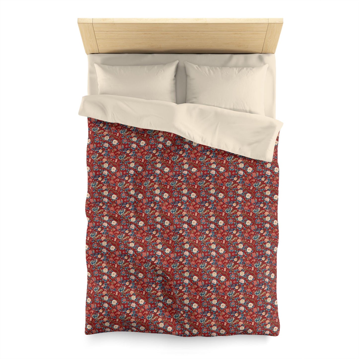 Red Floral Microfiber Duvet Cover - Modern Soft Bedspread, Holiday Fashion Designer Bedding, Stylish Contemporary Casual Decor