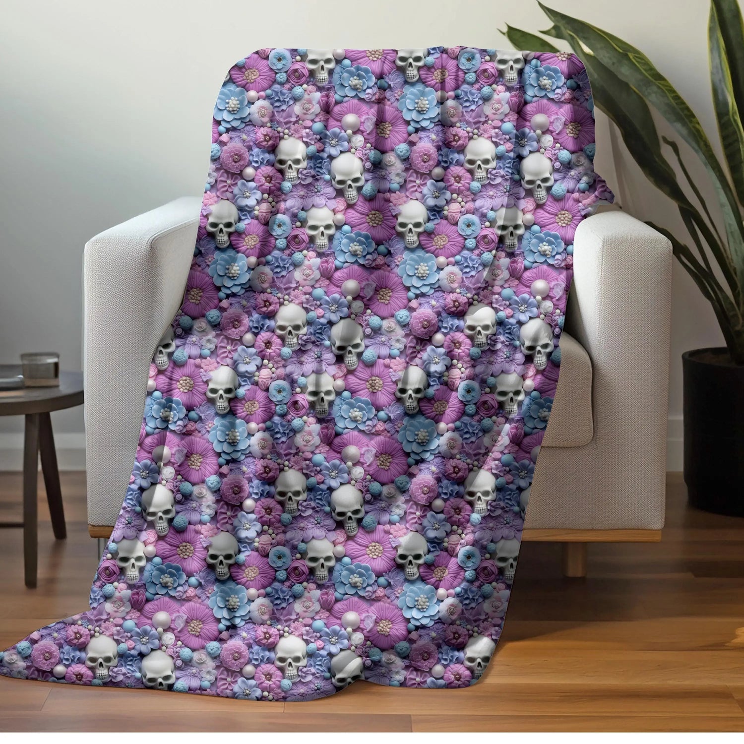 Gothic Plush Blanket, Day of the Dead Sugar Skull Purple Accent Throw, Halloween Home Decor, Velveteen Cozy Blanket The Aurora Touch
