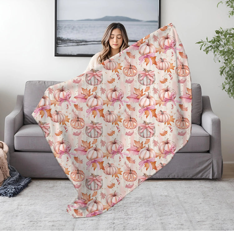Pink pumpkin fall throw blanket pattern print design couch chair pretty room home holiday decor pastel color silky smooth bedspread blankie The Aurora Touch