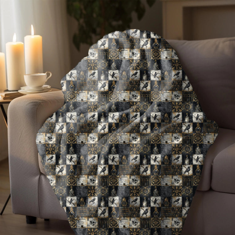 Throw Blanket, Gothic fall halloween skeleton print pattern eye catching fashion look couch bed TV room gathering cozy night cuddle blanket The Aurora Touch