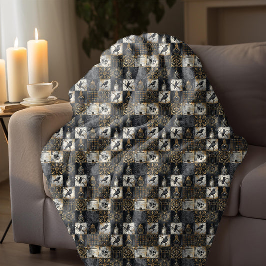 Throw Blanket, Gothic fall halloween skeleton print pattern eye catching fashion look couch bed TV room gathering cozy night cuddle blanket