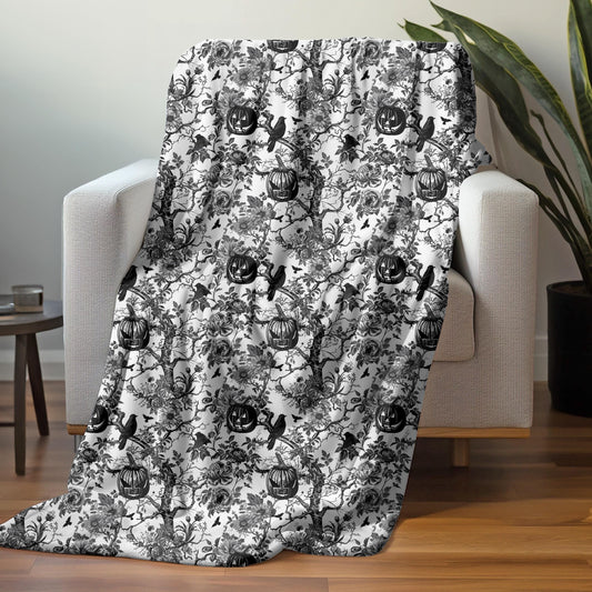 Throw Blanket, Gothic Halloween fall black stencil design soft fleece light warm comfortable couch bed chair travel decorative novelty throw