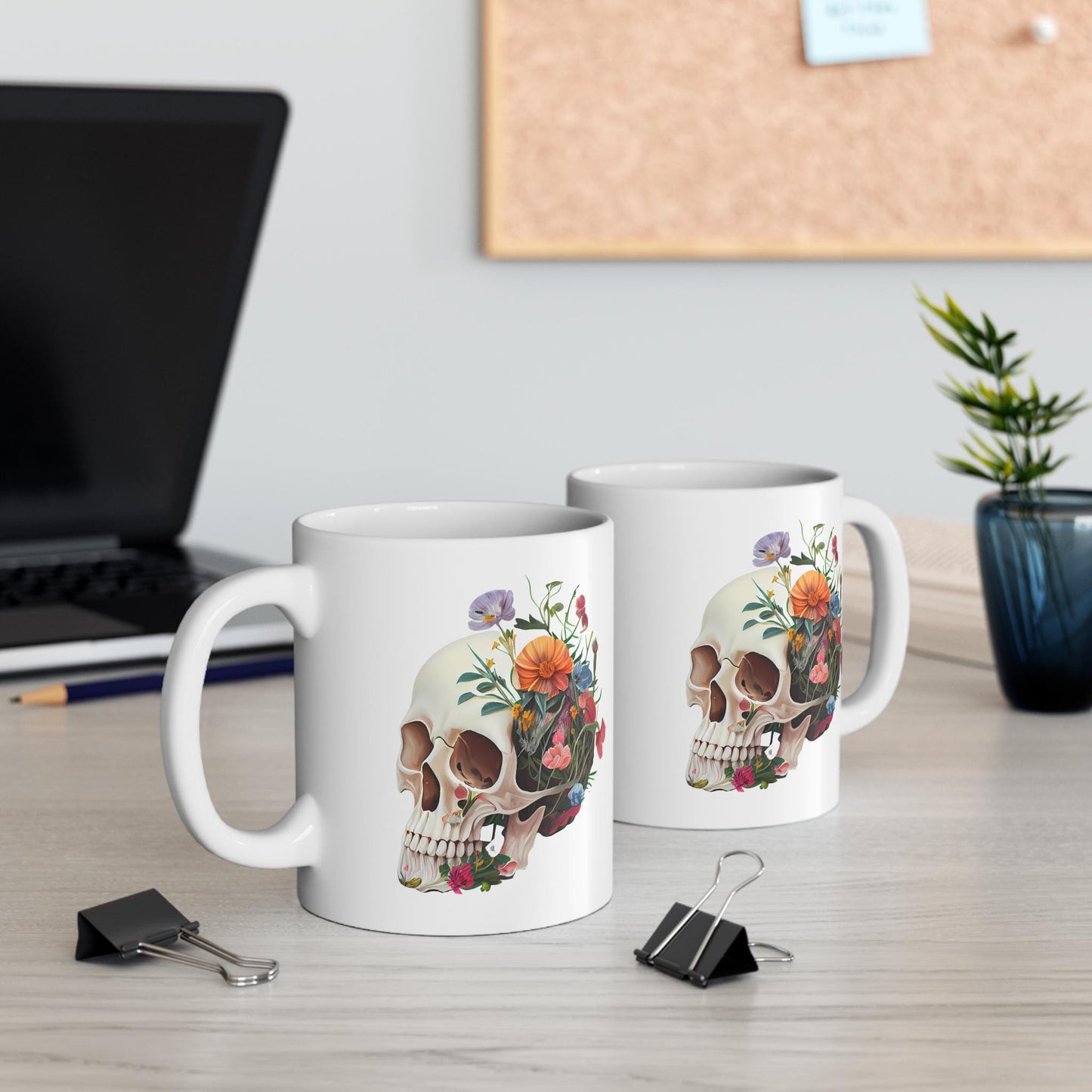 Floral Skull Mug - Artistic Coffee Cup for Floral Lovers, Unique Gift, Home Décor, Halloween Decoration, Custom Drinkware