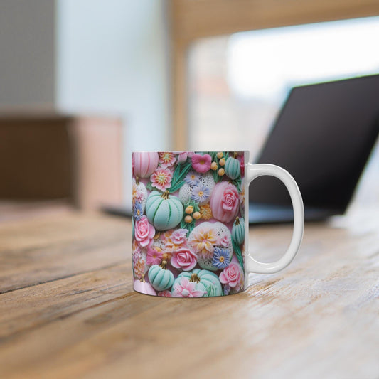 3D Pastel Thanksgiving Fall Mug 11oz, Festive Hot Beverage Cup, Casual Daily Coffee Mug, Fall Pattern Design