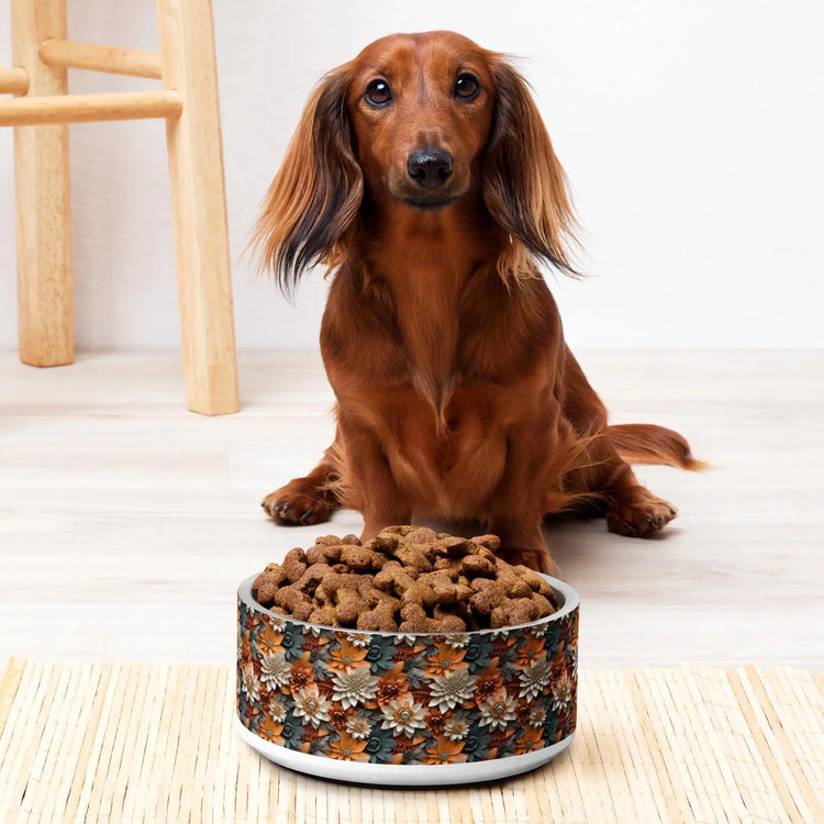 Fall Floral Pet bowl all over print pattern design water kibble wet food stylish decor luxury upscale doggy plate
