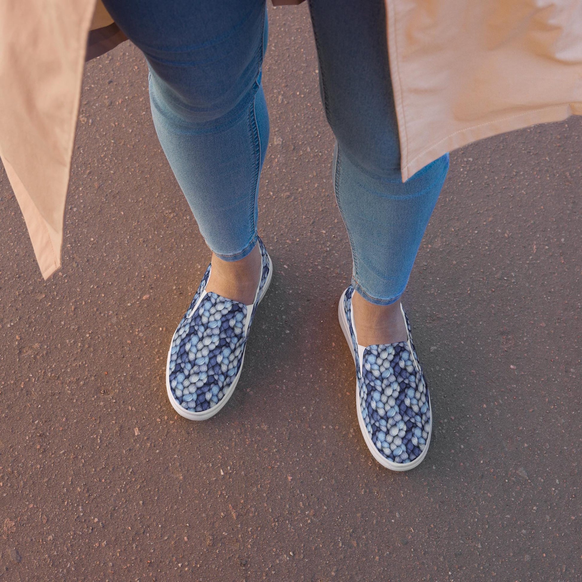 Women&#39;s Slip-On Canvas Shoes - Stylish Shades of Blue Knitted Rope All-Over Pattern - Casual All-Day Fashion