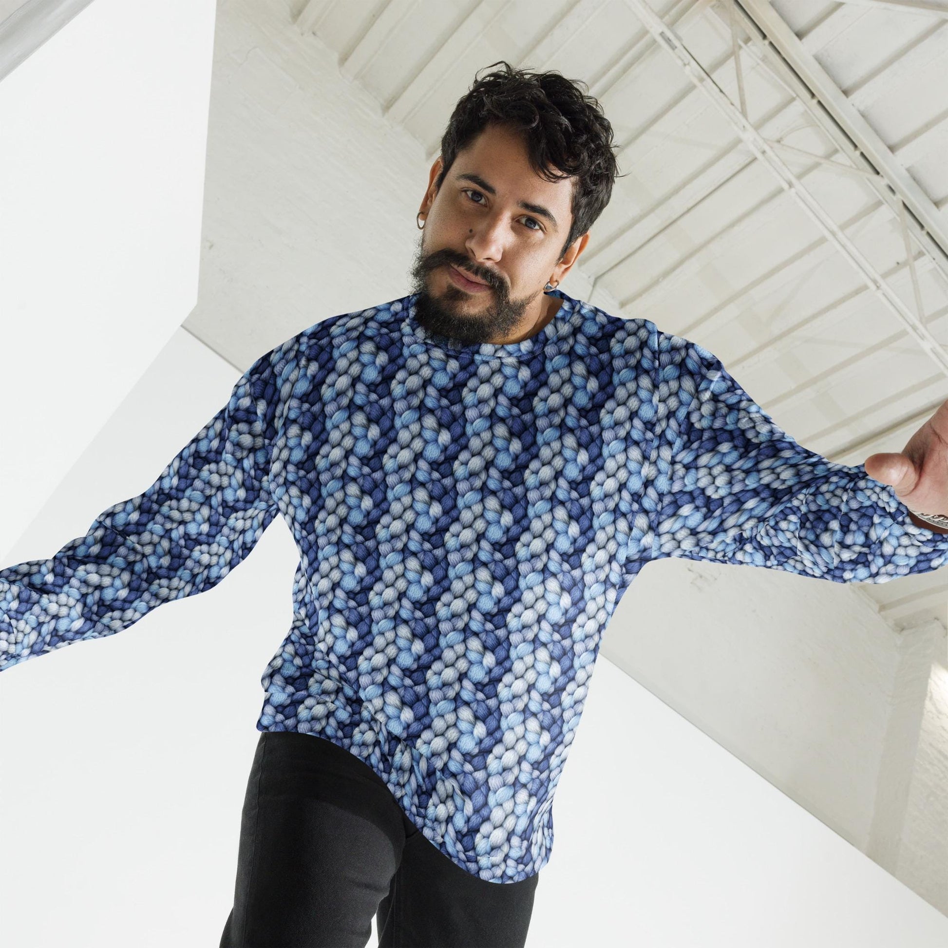 Men&#39;s Cozy Blue Pattern Knitted Sweatshirt - Stylish & Comfy Cotton Feel for All Occasions