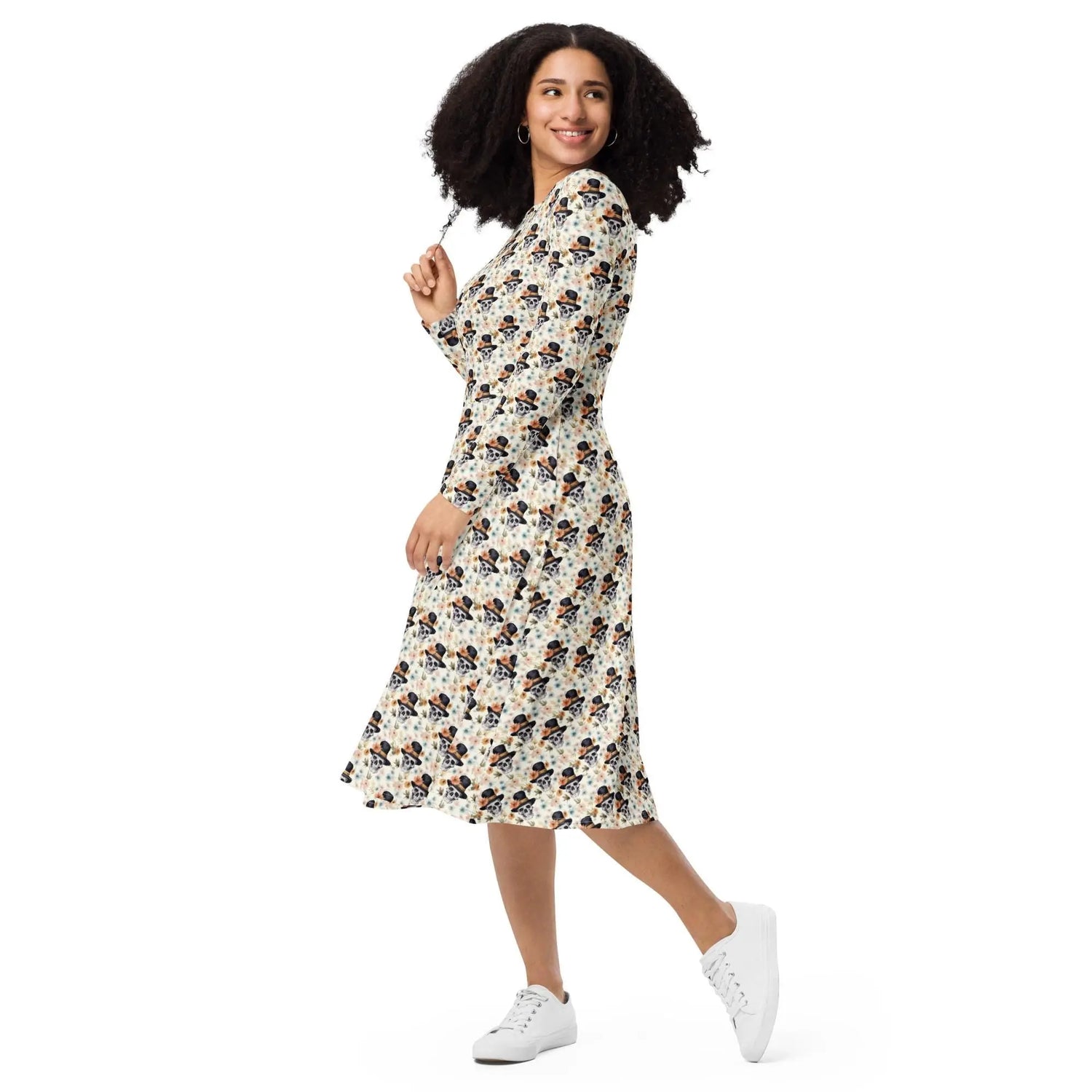 Gothic Floral Skull midi dress all-over print long sleeve casual dinner date comfortable holiday Halloween spirit waist trimming outfit The Aurora Touch
