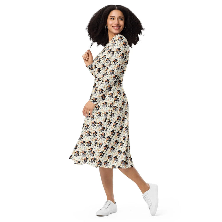 Gothic Floral Skull midi dress all-over print long sleeve casual dinner date comfortable holiday Halloween spirit waist trimming outfit The Aurora Touch