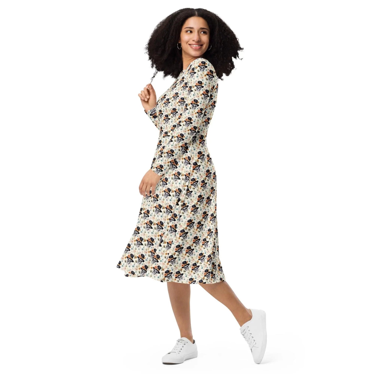 Gothic Floral Skull midi dress all-over print long sleeve casual dinner date comfortable holiday Halloween spirit waist trimming outfit