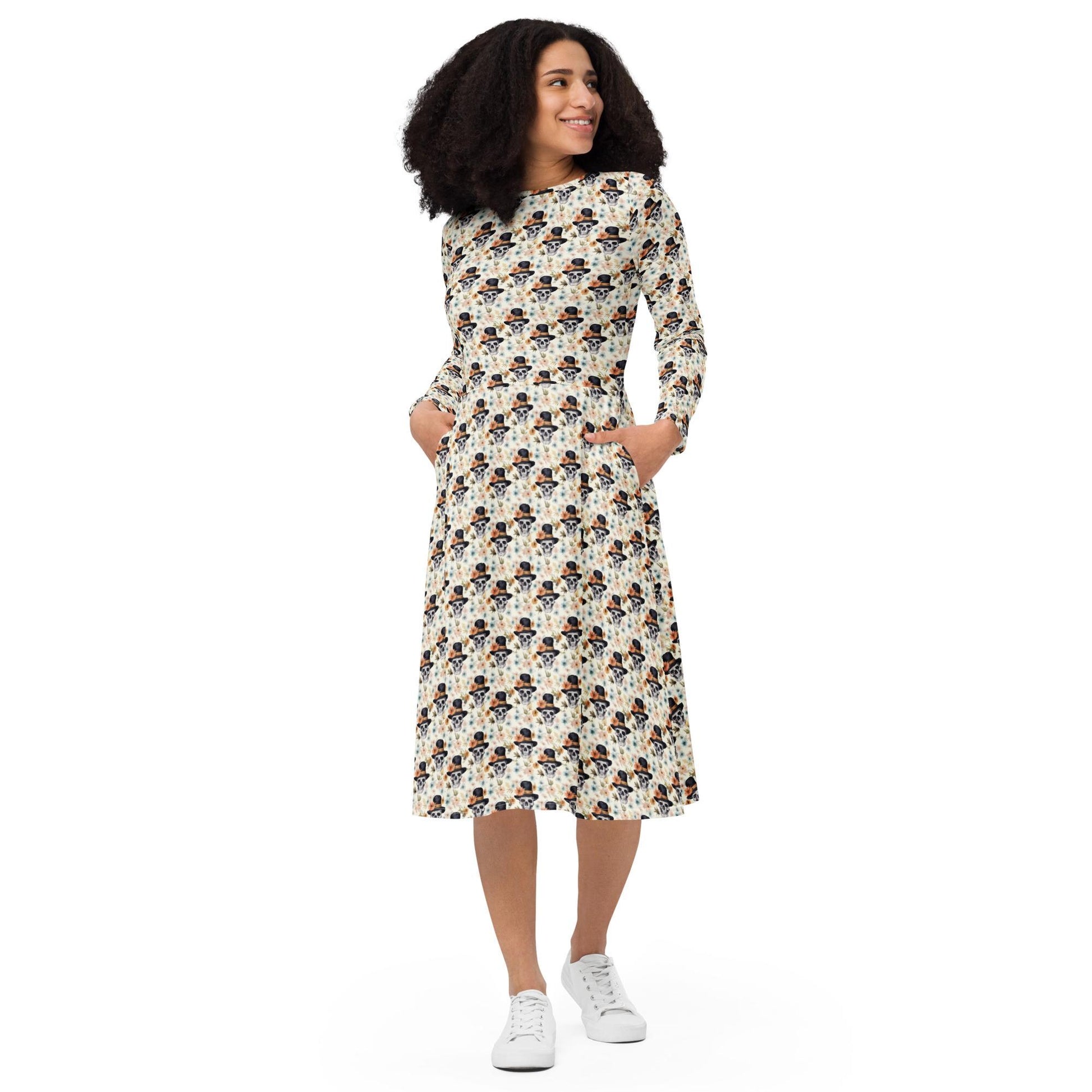 Gothic Floral Skull midi dress all-over print long sleeve casual dinner date comfortable holiday Halloween spirit waist trimming outfit