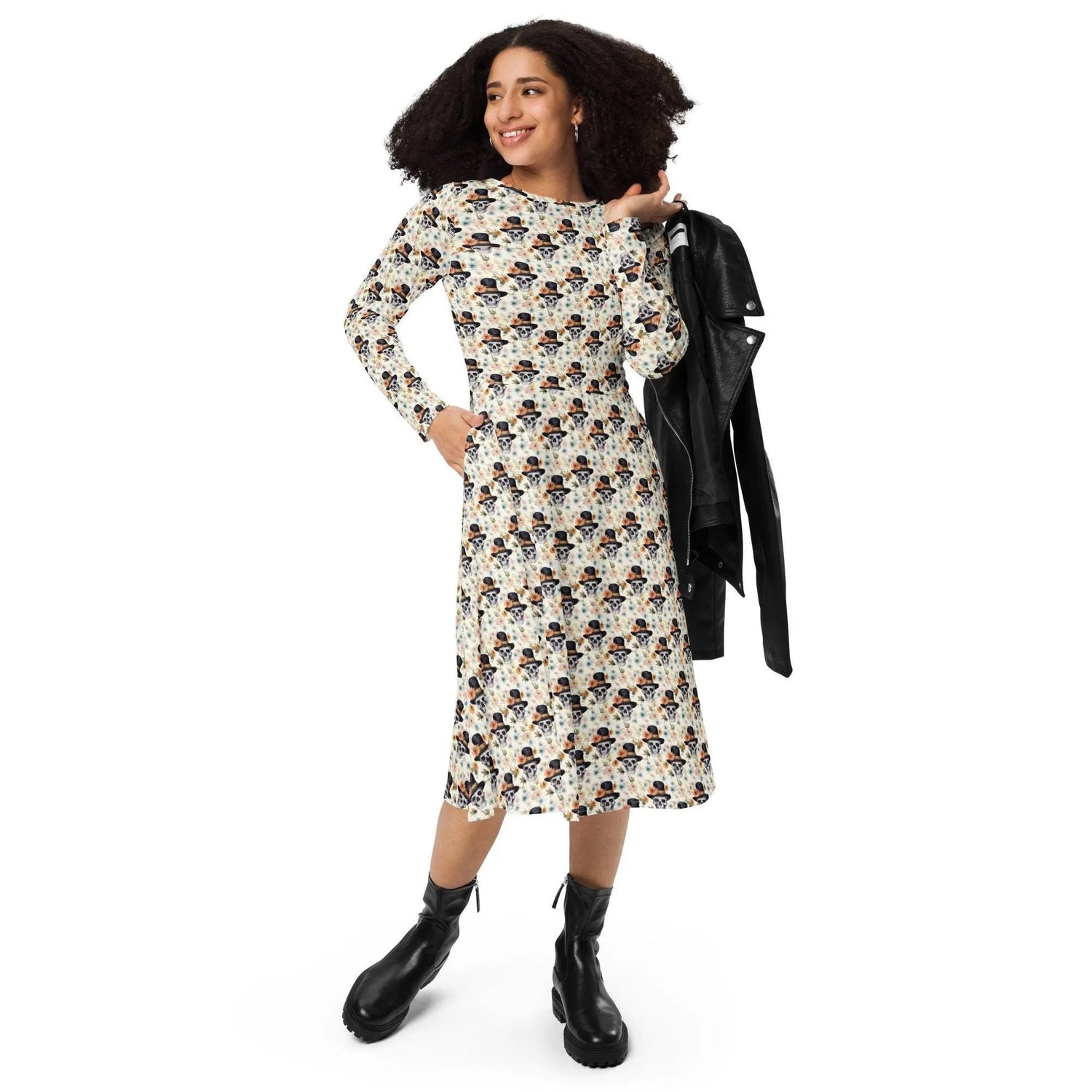 Gothic Floral Skull midi dress all-over print long sleeve casual dinner date comfortable holiday Halloween spirit waist trimming outfit