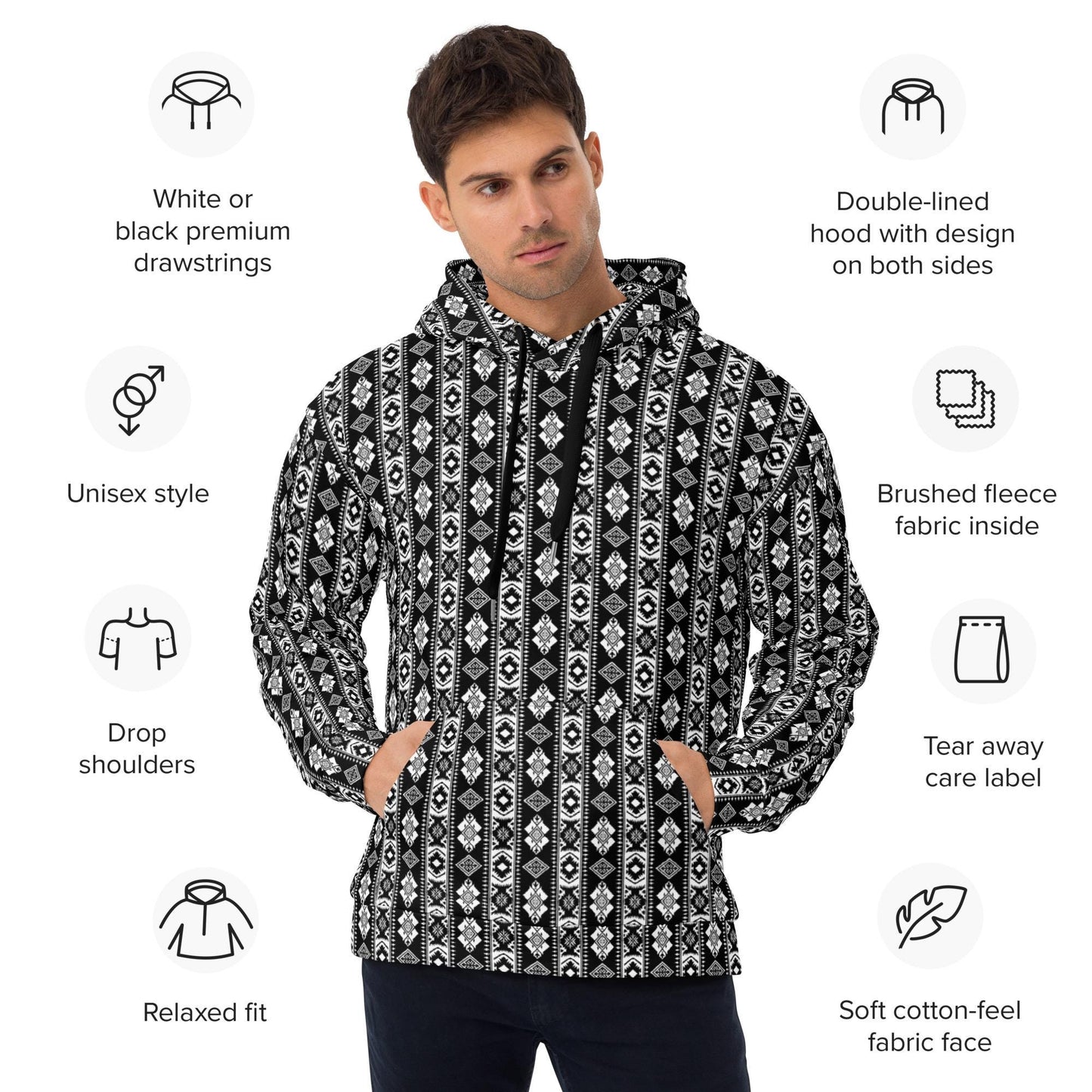 Cozy pattern print  Men Hoodie all over design casual warm stylish runway style everyday relaxed fit fleece feel sweatshirt