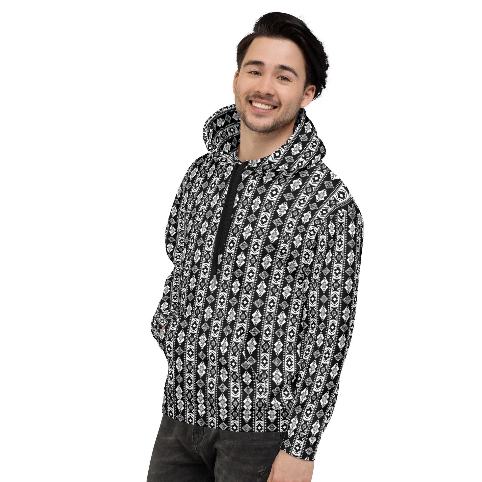 Cozy pattern print  Men Hoodie all over design casual warm stylish runway style everyday relaxed fit fleece feel sweatshirt