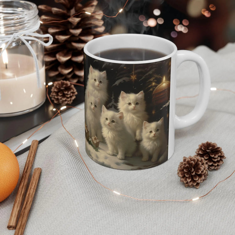 Charming 11oz Ceramic Christmas Mug for Cat Lovers - White Cats Holiday Gift - Perfect for Hot Cocoa & Tea The Aurora Touch