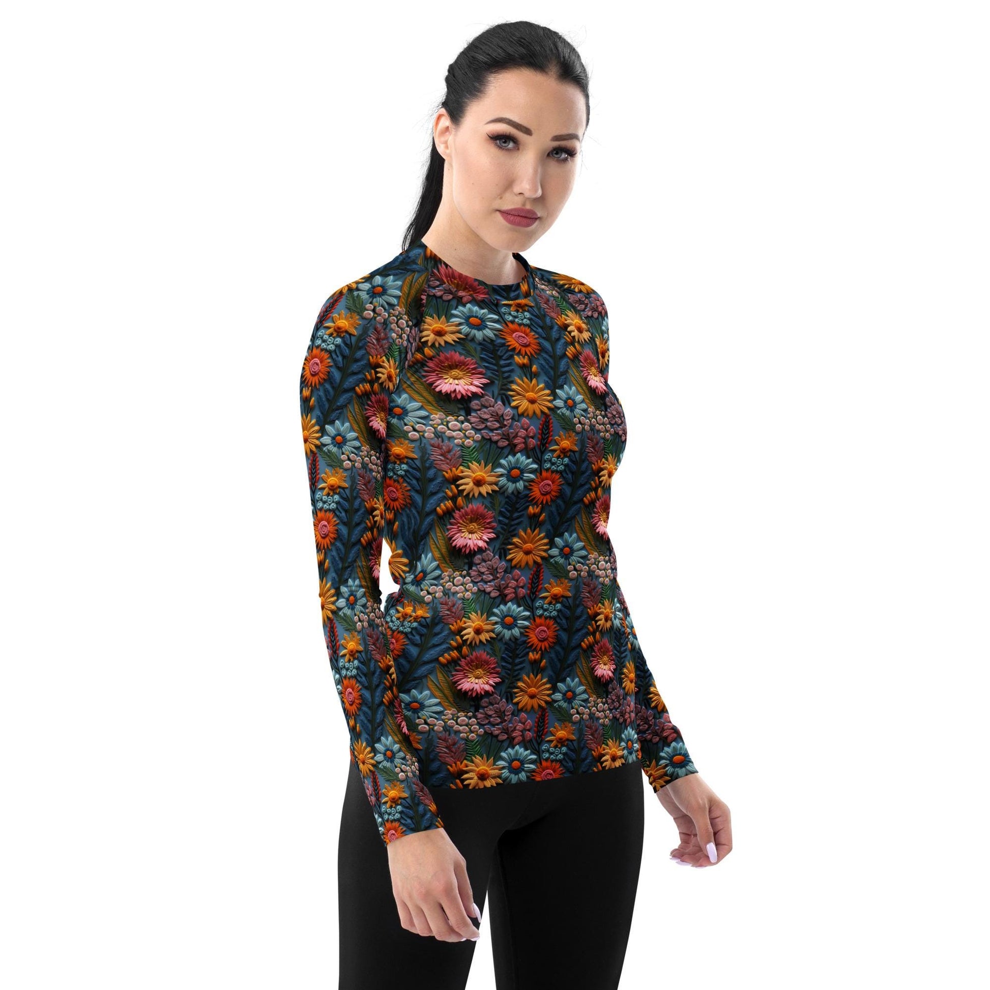 Stylish Women&#39;s Fall Floral Print Rash Guard - Versatile Slim Fit Casual Shirt