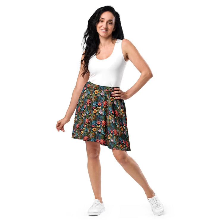Vibrant All-Over 3D Threaded Floral Print Skater Skirt | Feminine Fall Style | Customizable Sizes The Aurora Touch