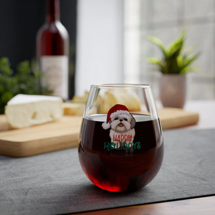 Shitzu Stemless Wine Glass, 11.75oz - Dog Lover Party Red Wine Glass, Xmas Gift, Holiday Glassware, Cute Animal Glass, Pet Owner Present The Aurora Touch