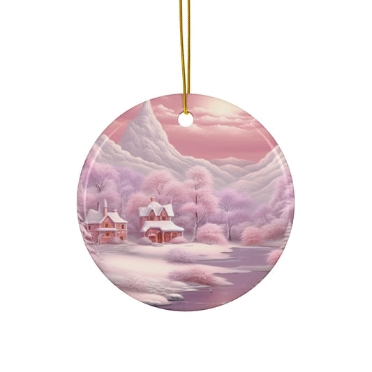 Holiday Ceramic Ornament, Snowflake & Round Shape, Pink Christmas Scene, Tree Decor, Xmas Gift, Home Decor